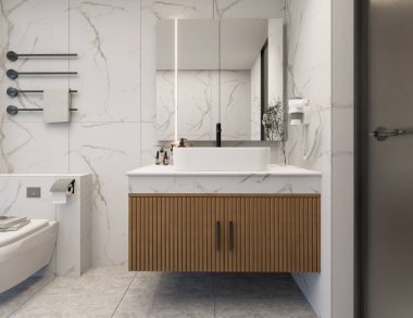 Mermer Duvar ve Ahşap Süslü Modern Banyo
