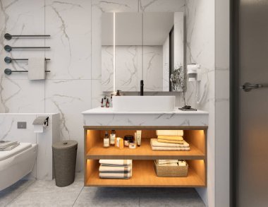 Mermer Duvar ve Ahşap Süslü Modern Banyo