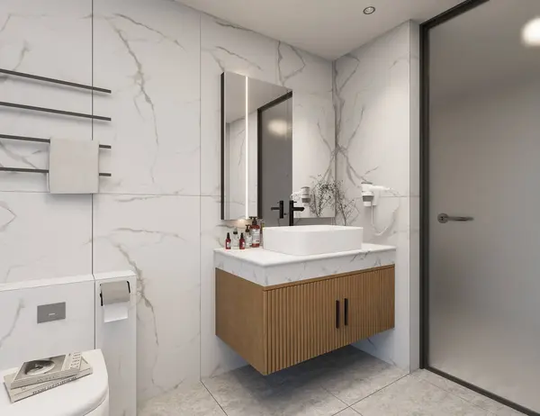 Mermer Duvar ve Ahşap Süslü Modern Banyo