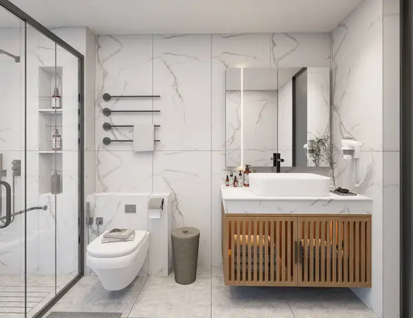 Mermer Duvar ve Ahşap Süslü Modern Banyo