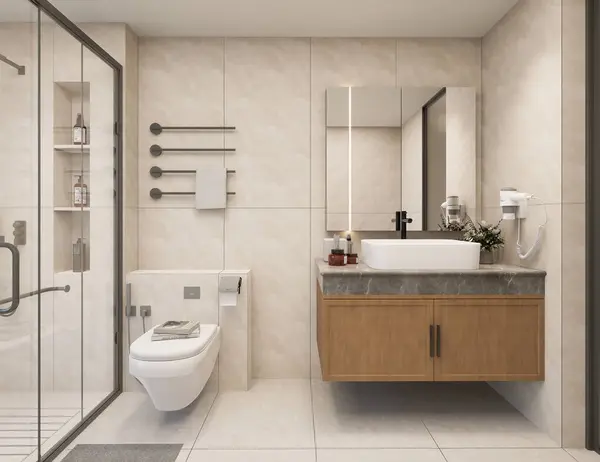 Mermer Duvar ve Ahşap Süslü Modern Banyo