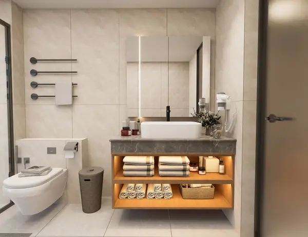 Mermer Duvar ve Ahşap Süslü Modern Banyo
