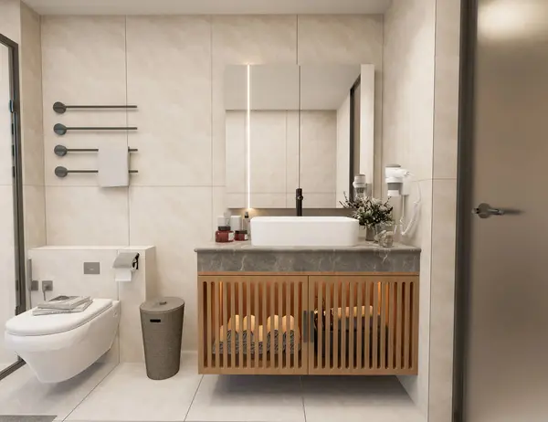 Mermer Duvar ve Ahşap Süslü Modern Banyo