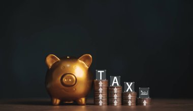 Gold piggy bank and coin with tax icon financial for a calculation tax return, Individual income for tax payment. data analysis to report the government and state taxes. save money concept.