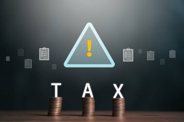 Coin with tax icon financial and calculation tax return, Individual income tax form online for tax payment. data analysis paperwork to report the government and state taxes.