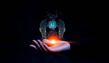 İş adamı, dijital pazarlama stratejisi fikrine yapay zeka ikonu, yatırım büyümesinin hedefi, sohbet robotu uygulama yazılımı fütüristik teknolojisi, yapay zeka yeniliği işi.