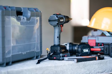 İnşaat araçları atölye ekipmanı fotoğrafçılık endüstriyel yakın çekim araç kullanımı ve güvenlik