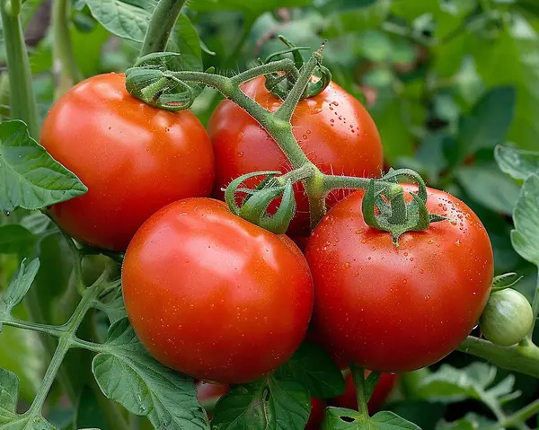 A vibrant red tomato basks in the sunlight, nestled on the vine. This succulent image captures the essence of nature\'s bounty, showcasing the lusciousness of a fully ripened tomato, ready for harvest. The vivid red hues convey a sense of freshness an