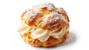 A close-up image of a delicious cream puff filled with smooth, whipped cream and lightly dusted with powdered sugar clipart