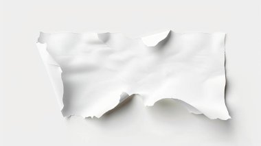 Yırtık, pürüzlü kenarları olan beyaz bir kağıt parçası, materyalin dokusunu ve kusurunu vurguluyor..