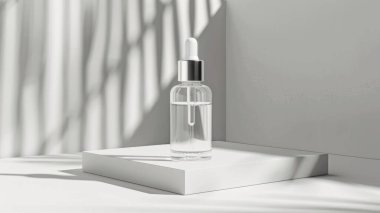 Şeffaf bir parfüm şişesi karmaşık bitki gölgelerinin önünde duruyor, sakin ve sanatsal bir görüntü yaratıyor.