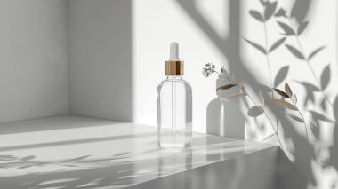 A transparent perfume bottle stands in front of a backdrop of intricate plant shadows, creating a serene and artistic display clipart