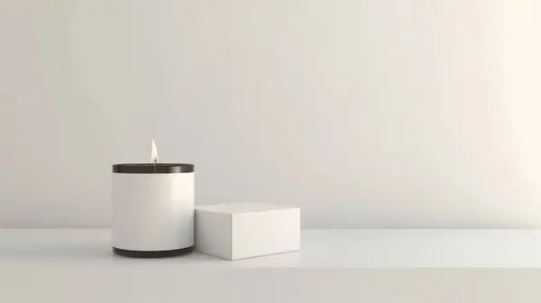 stock image A minimalist scene featuring a lit candle beside a simple white box on a clean surface.