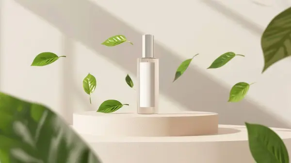stock image A sleek serum bottle with a dropper cap, surrounded by floating green leaves, set against a minimalist backdrop, emphasizing a natural and fresh essence.