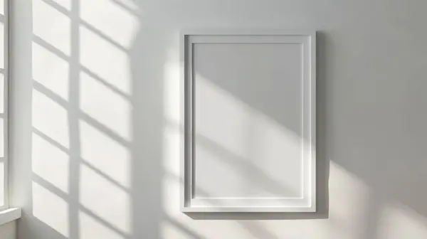 stock image A blank picture frame on a white wall, illuminated by natural sunlight streaming through a nearby window.
