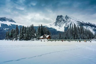 Karlı çam ormanlarında parlayan ahşap kulübe ve kış aylarında Kanada 'nın Alberta kentinde bulunan Yoho Milli Parkı' nda kayalık dağların bulunduğu Zümrüt Gölü 'nün güzel manzarası.