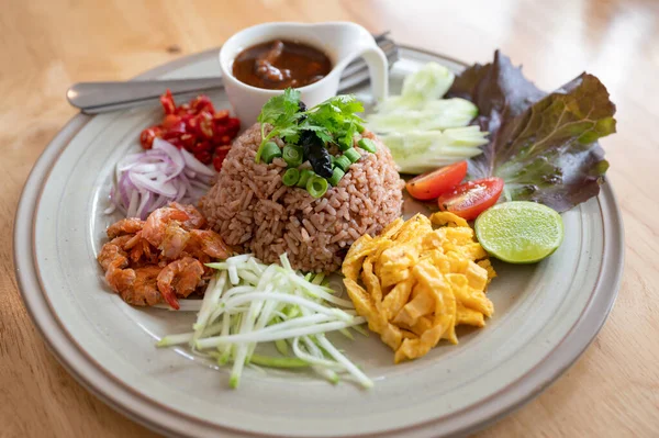 Fried Rice Mixed Shrimp Paste Marinated Pork Herb Vegetable Thai — Fotografia de Stock