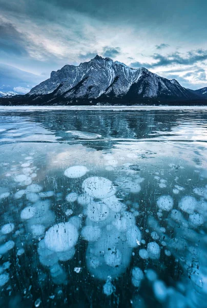 Bela Vista Lago Abraham Congelado Com Montanhas Rochosas Bolhas Naturais — Fotografia de Stock