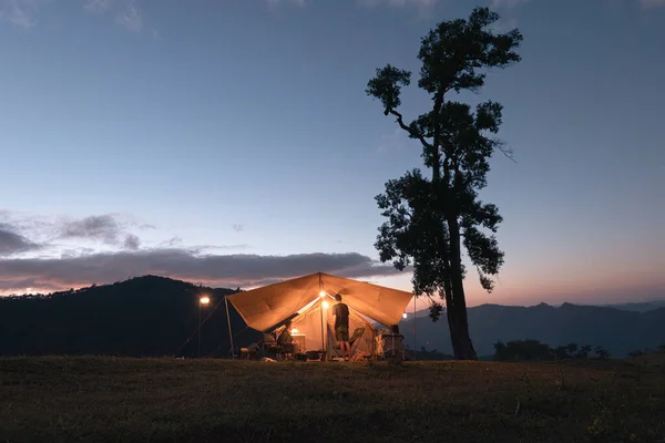 黄昏时分 一群朋友在国家公园的山上露营 他们带着灯火辉煌和大树 — 图库照片