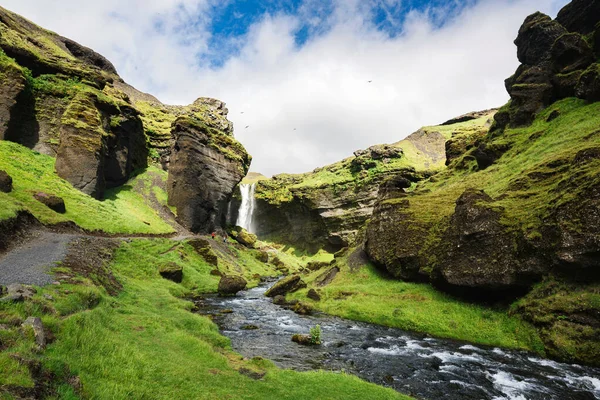 아이슬란드에서 여름철의 계곡을 흐르는 폭포의 — 스톡 사진