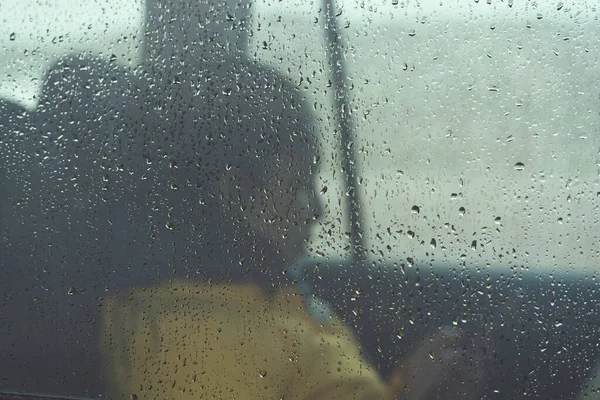 Sad Young Woman Sitting Lonely Depressed Car Raindrops Window — Stock Photo, Image