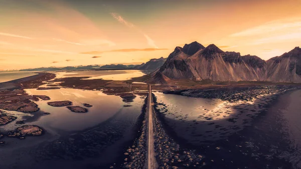 Panorama Vue Aérienne Magnifique Lever Soleil Sur Village Viking Montagne — Photo