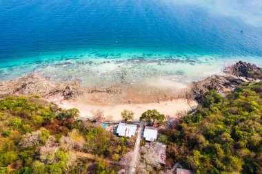 Güneşli bir günde Tayland Körfezi 'nde mercan resifi ve ormanı olan güzel bir sahil.