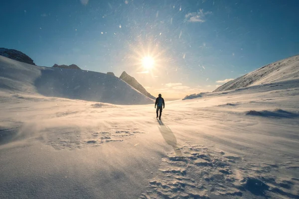 Zon Schijnt Besneeuwde Heuvel Met Bergbeklimmer Wandelen Sneeuwstorm Mount Ryten — Stockfoto