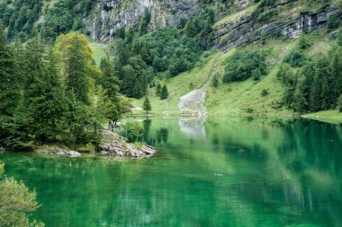 İsviçre, Appenzell 'de yaz boyunca Alpstein dağlarındaki Seealpsee dağının sakin manzarası