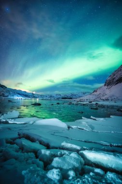 Aurora Borealis 'in güzel manzarası, Norveç, Lofoten Adaları' ndaki Kuzey ışıkları Kuzey Kutup Okyanusu 'ndaki karlı dağın üzerinde parlıyor.
