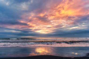 Tasman Denizi üzerinde renkli günbatımı gökyüzü ve Yeni Zelanda, Piha plajında tatil yapan sörfçü aktiviteleri