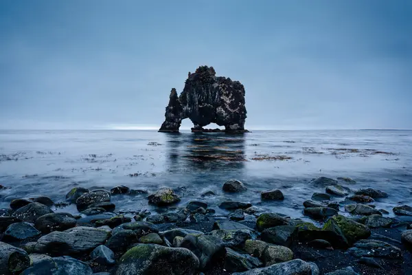 stock image Majestic Hvitserkur sea stack of eroded volcanic dyke, Look like an animal of eleplant, rhino, dinosaur at Vatnsnes peninsula, Northwest Iceland