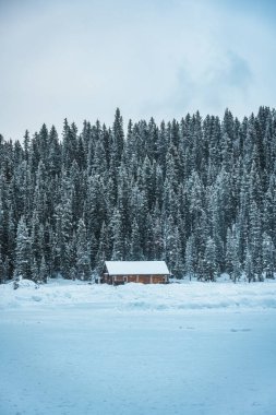 Louise Gölü 'nün güzel manzarası. Parlayan ahşap kulübesi ve kışın karla kaplı kayalık dağları Banff Ulusal Parkı, Alberta, Kanada