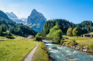 Beautiful view of Rosenlaui with wellhorn swiss alps and Reichenbach river in summer on sunny day at Canton of Bern, Switzerland clipart