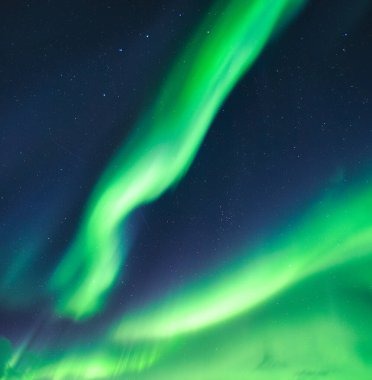 Aurora Borealis 'in yeşil rengi, Kuzey Işıkları mavi gökyüzünde dans ediyor ve Kuzey Kutup Dairesi' nde yıldızlı.