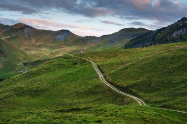 İsviçre 'nin Schwyz Kantonu' nda akşam saatlerinde Fronalpstock zirvesinde dağlarla çevrili manzaralı yürüyüş patikaları.
