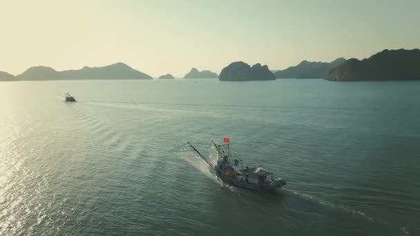 体验越南下龙湾猫八城附近的夜间捕鱼经历 看着船在月光下出发去钓鱼一夜 探索这个标志性地点的宁静 — 图库视频影像