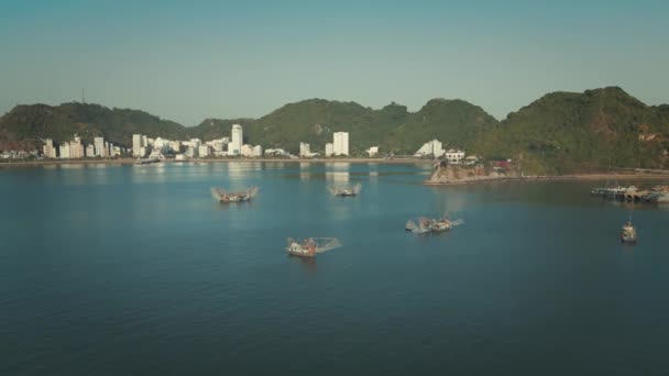 Ervaar Rust Van Traditionele Vissersboten Cat Port Long Bay Vietnam — Stockvideo