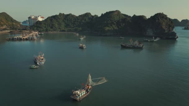 ベトナムのハロン湾 キャットバ港で伝統的な漁船の静けさを体験してください この象徴的な漁業地域の美しい景色と文化の豊かさに浸る — ストック動画