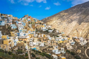Hillside colorful homes in the old tradition village Olympos in Karpathos island, Dodecanese Greece