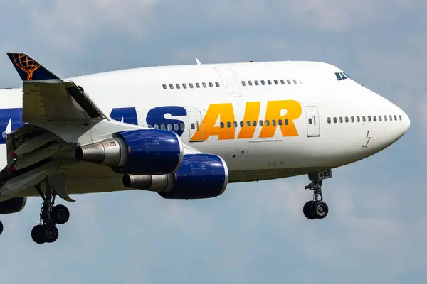 stock image Bratislava, Slovakia - May 5, 2024: Atlas Air Boeing 747-400 military charter flight to Bratislava Airport. NATO and US Army soldiers on board. Passenger plane and aircraft.