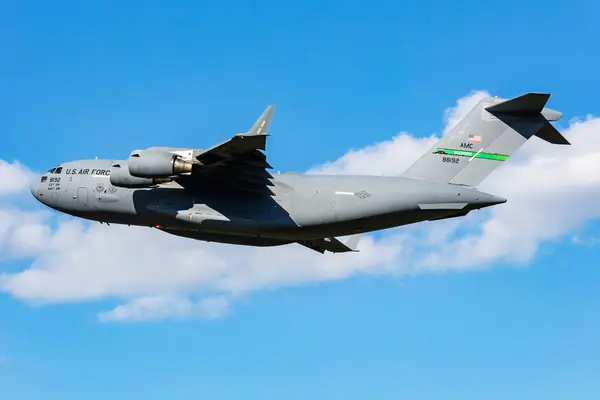 stock image Papa, Hungary - May 14, 2024: US Air Force Boeing C-17A Globemaster III strategic transport plane at Air Base. Military flight. Aviation and aircraft flying.