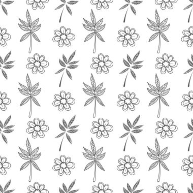 El çizimi siyah beyaz çiçek deseni.