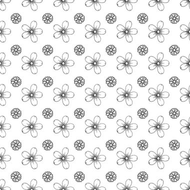 El çizimi siyah beyaz çiçek deseni.