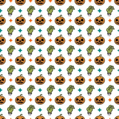 Tatlı çizgi film canavarlarıyla kusursuz desenler ve Cadılar Bayramı için çeşitli eşyalar..