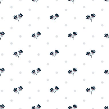 Elle çizilmiş çiçekler, yapraklar, dallar ve çiçek elementleriyle kış deseni.