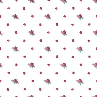 Zarif pembe çiçekler ve beyaz arka planda sıralanmış yapraklardan oluşan kusursuz bir desen. Tekstil tasarımları, duvar kağıtları ya da çiçek temalı dijital arka planlar için mükemmel..