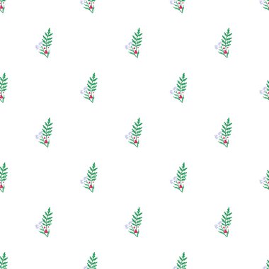 Beyaz arka planda küçük yeşil yapraklar ve pembe çiçeklerden oluşan tekrarlanan bir desen. Paket kağıdı ya da kumaş dekoru için mükemmel.