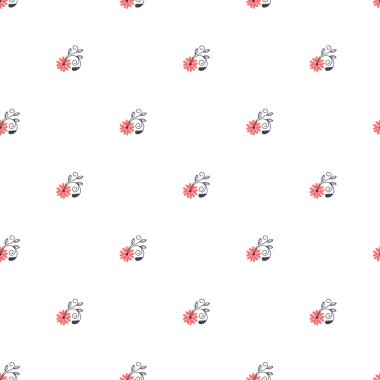 Kırmızı çiçekler ve beyaz arka planda siyah dallar içeren minimalist çiçek desenli tasarım. Tekstil, duvar kağıdı veya hediye paketi uygulamaları için elverişli.