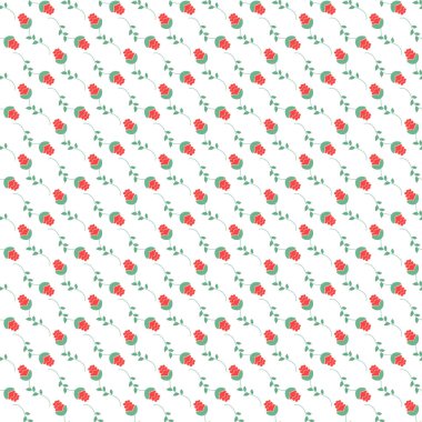 Zarif, pürüzsüz desenli, yeşil yapraklı kırmızı güller beyaz arka planda, kumaşlar, duvar kağıtları veya diğer dekoratif tasarımlar için ideal, çiçeksel güzelliği ve yaratıcılığı kutlamak için..